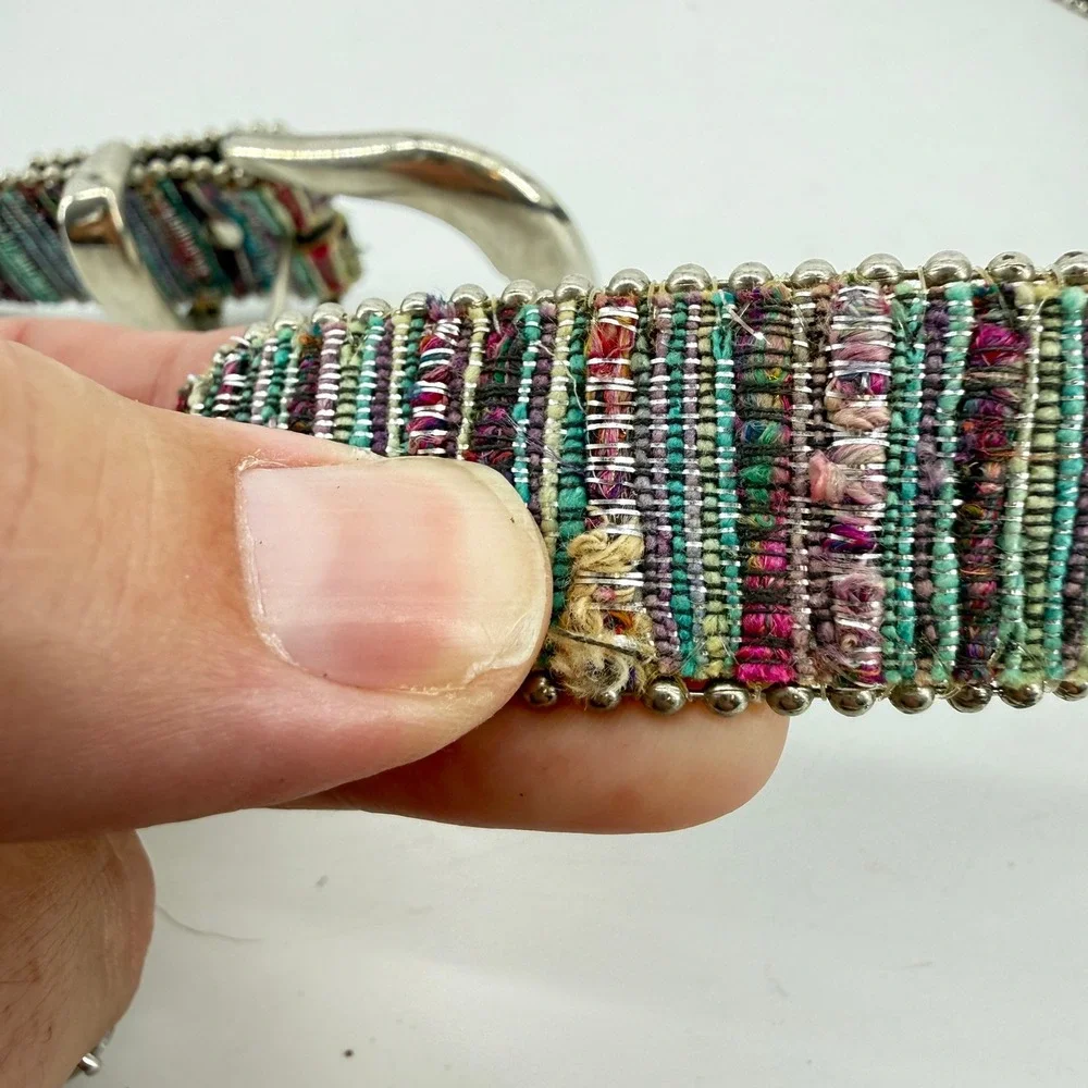 Elite Belt Women ML Multicolor Woven Metallic Beaded Silver Buckle Boho 1072